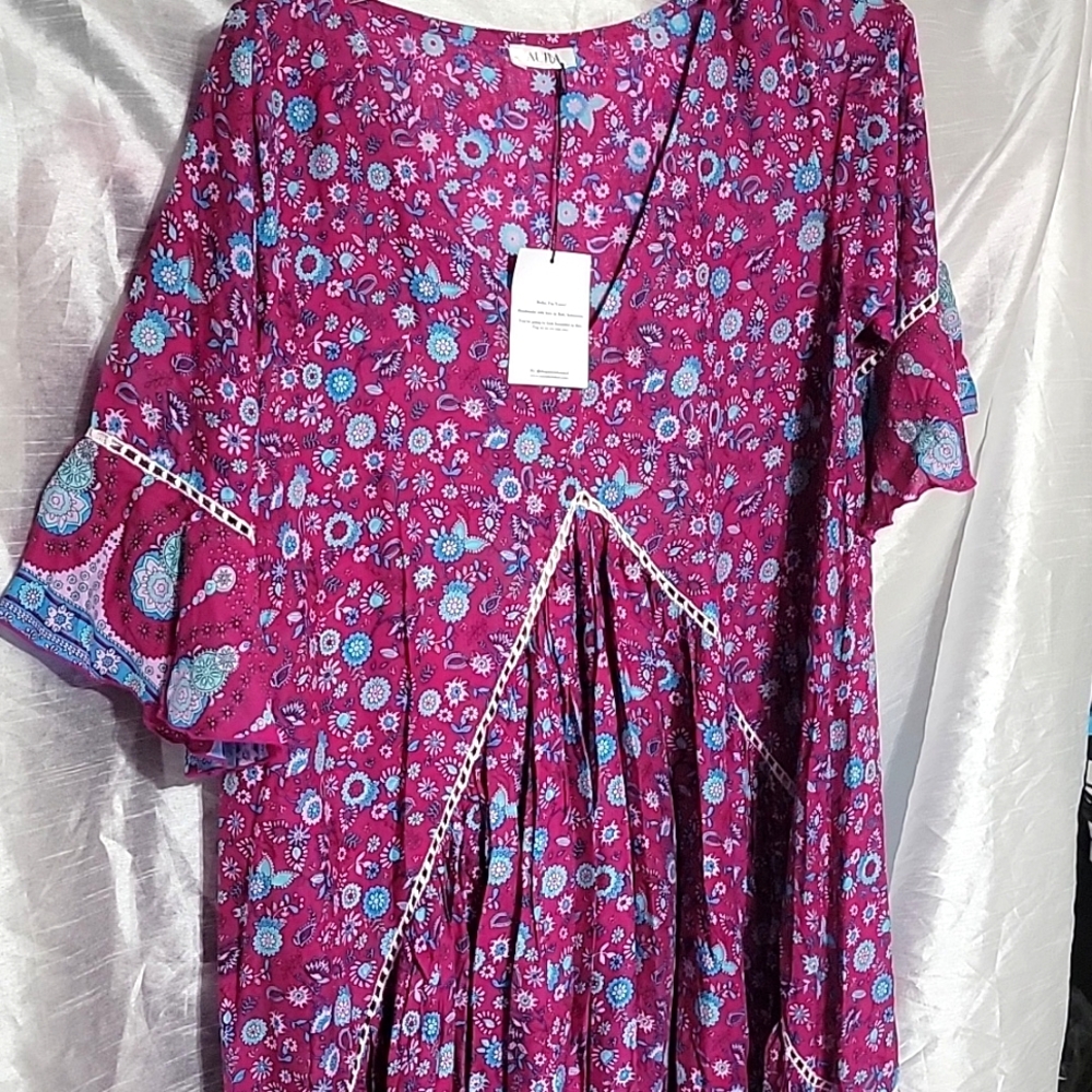 Nwt Aura Floral Boho Gypsy Dress Oversized Flowy Rayon Hi Lo Hem - Picture 3 of 12